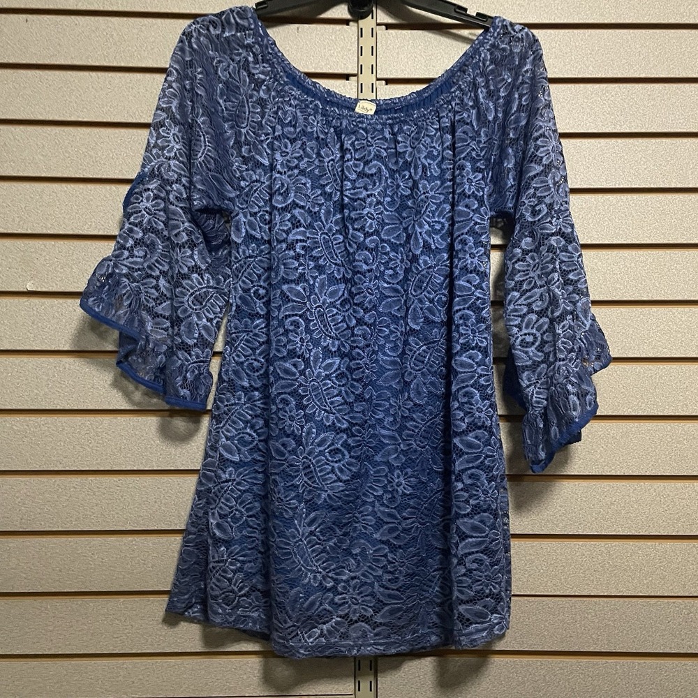Lildy Full Lace‎ Lined Dusty Blue Tunic 3/4 Bell Sleeves Off The Shoulder  L XL